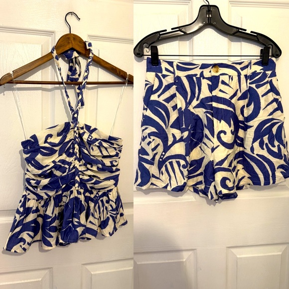 ENTRO Women’s Blue & White Palm Print Halter Top & Shorts Set Size M NEW - Picture 1 of 10